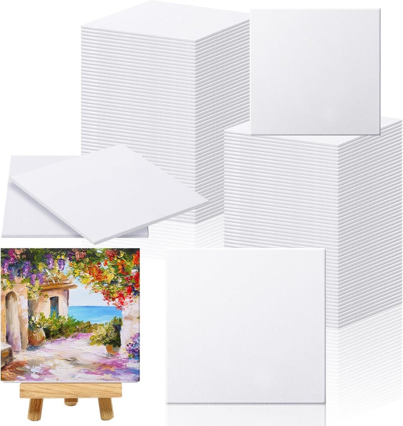 Moinchore 100 Pcs Mini Painting Canvas Panels Art Painting Canvases Panels Cotton Blank White Small Canvas Acid Free Boards for Watercolor Acrylic Oil Paint(4 x 4 Inch) - Image 1